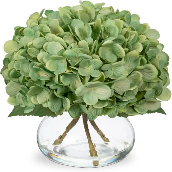 Hydrangea Artificial Flowers with Glass Vase Dark Green Silk Faux Flowers Arrangements in Vase with Faux Water Fake Floral Bulk Bouquet for Home Decor Table Centerpiece Decorations {1}