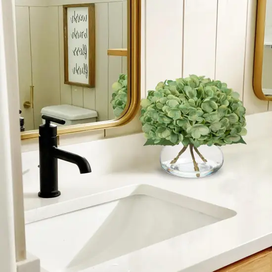 Hydrangea Artificial Flowers with Glass Vase Dark Green Silk Faux Flowers Arrangements in Vase with Faux Water Fake Floral Bulk Bouquet for Home Decor Table Centerpiece Decorations {2}