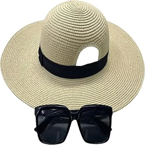 4E's Novelty Sun Hat for Women UV Protection with Sunglasses, UPF 50+, Packable Beach Hat, Beige {2}