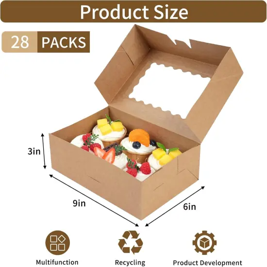 28pcs Cookie Boxes with Window, 9x6x3 Inch Brown Bakery Boxes Pastry Containers for Chocolate Covered Strawberries, Candy, Muffins, Donuts {2}