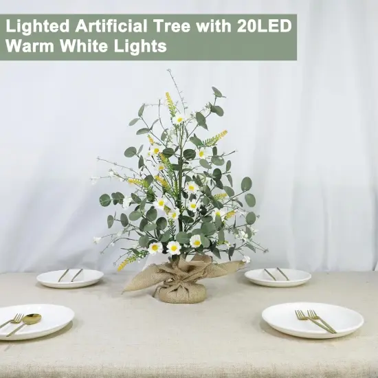 Spring Easter Decorations, 22 Inch Artificial Tabletop Tree, Fake Silk Floral White Daisy Eucalyptus Lavender Flowers Linen Base Timer 20 LED Warm Light, Easy DIY Home Party Table Summer Holiday Decor {5}