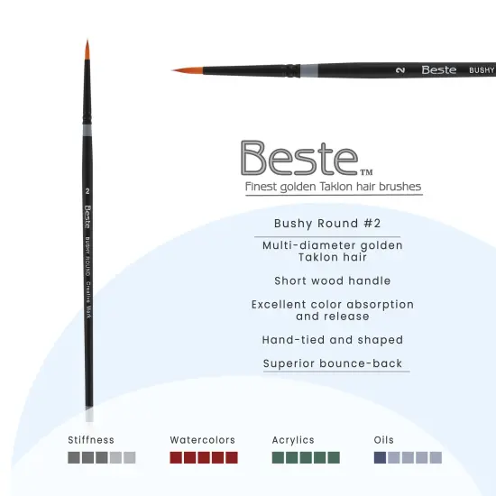 Creative Mark Beste Golden Taklon Bushy Round #2 - 3 Pack Artist Paint Brush, Professional Watercolor Brushes, For Acrylic Painting, Short Handle, Sharp Edges, Hand-Tied & Shaped {3}