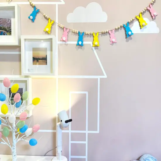 Rustic Easter Garland - Bunny Themed Wooden Bead Easter Banner, Pre-Assembled Spring Farmhouse Home Decorations for Fireplace Mantel and Wall {4}