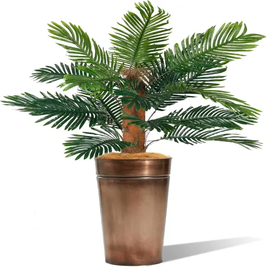6FT Artificial Palm Tree with Galvanized Steel Bronze Tall Planter, Realistic Fake Silk Faux Tropical Areca Plants {1}