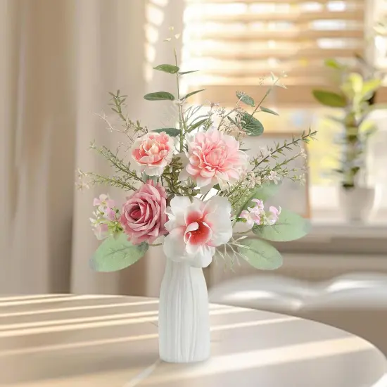 Artificial Flowers in Small Ceramic Vase-Blue Fake Flowers Floral Arrangements Silk Flower Home Decor Faux Flower Plant with Vase for Centerpiece Dining Table Decorations (Pink) {4}