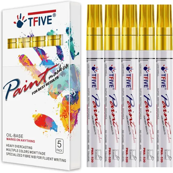 Gold Paint Marker Paint Pens - 5 Pack Oil Based Permanent Marker Pen, Medium Tip, Waterproof & Quick Dry {1}