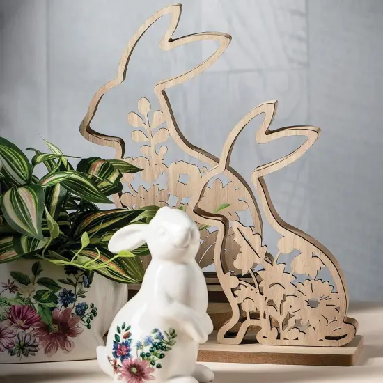 Laser Cut Wood Botanical Bunnies Figurines Set of 2, Easter Bunny Tabletop D&eacute;cor, Coffee Table D&eacute;cor, Rustic Farmouse Bookshelf Wood Shelf Mantel Fireplace Decorations, Spring Easter Decor {3}