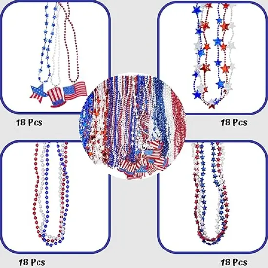 4E's Novelty Patriotic Beads &ndash; 72 Pack Red White Blue Beaded Necklaces, 4th of July Party Favors {2}