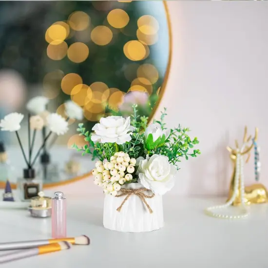 Table Decor Artificial Flowers Vase Small Fake Flower White Arrangement 2pcs Floral Arrangement for Tables centerpieces Kitchen Dining Room Decorations Faux Flower in Vase Silk Roses {3}