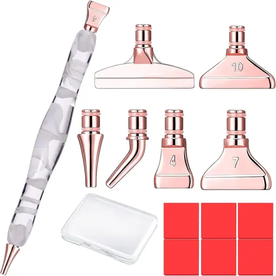 Rose Gold Metal Stainless Steel Tip Resin Diamond Painting Art Sticky Drill Dot Pen Stylus Kits Set Accessories Tool with Wax for DIY 5D Diamond Painting Gem Nail Art White {1}