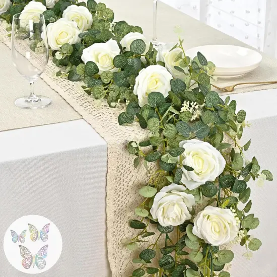 6.4 Ft Fuller White Flower Garland with Butterfly, Artificial Eucalyptus Garland with Flowers Fake Rose Vine Garland for Table Centerpiece Wedding Arch Baby Shower Party Room Backdrop Decor {1}