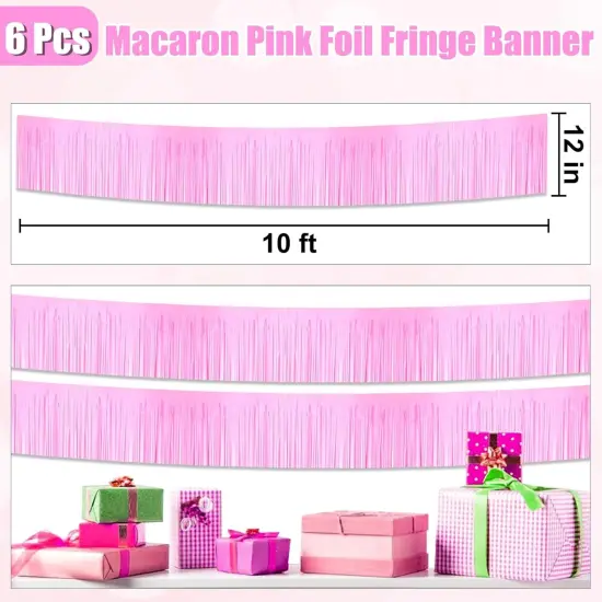 6 Pack 10 Ft Macaron Pink Foil Fringe Garland Metallic Tinsel Streamers Banner Wall Hanging Curtain Backdrop for Parade Floats, Christmas Day, Thanksgiving Day, Halloween, New Year Party Decoration {2}