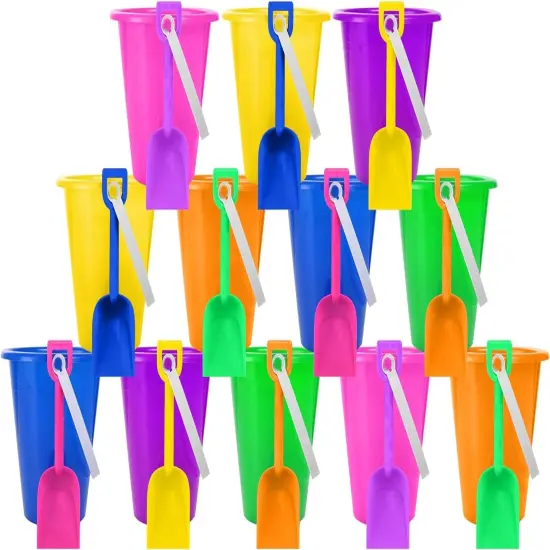 4E's Novelty 12 Pack Beach Buckets with Shovels Bulk &ndash; 7" Sand Buckets & Shovels for Sand & Outdoor Play {1}