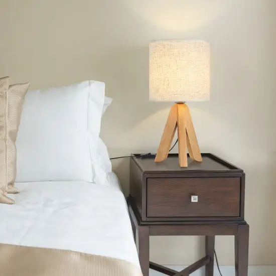 Small Bedside Table Lamp Wooden Tripod Nightstand Lamp with Fabric Linen Shade {4}