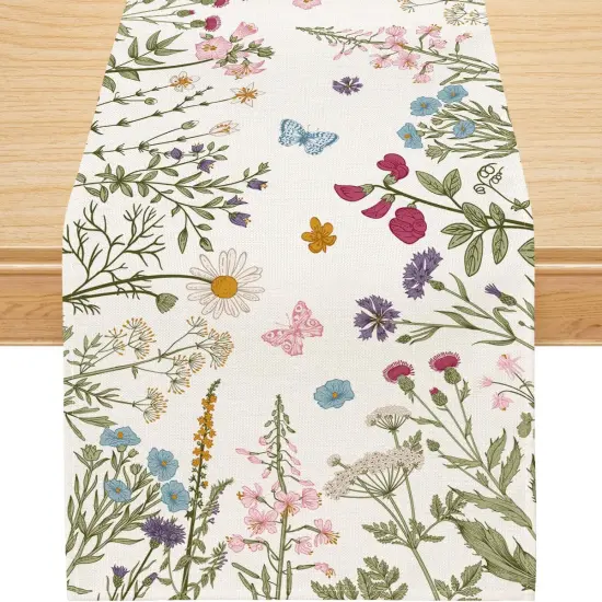 Wildflowers Summer Decor Floral Butterfly Seasonal Kitchen Dining Table Decoration for Home 13x72 Inch {1}