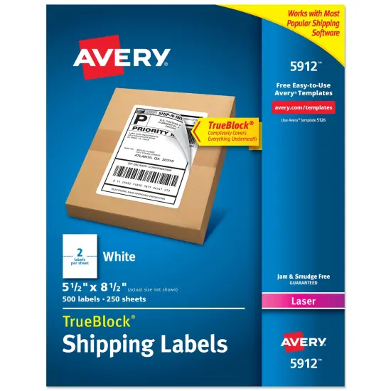 Avery Half-Sheet Printable Shipping Labels, 5.5" x 8.5" Customizable Stickers, White, 500 Blank Mailing Labels, Great for Mailing, Shipping, Organizing, and More (5912) {1}