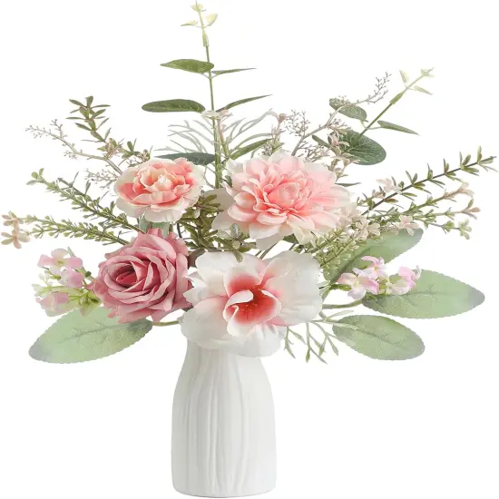 Artificial Flowers in Small Ceramic Vase-Blue Fake Flowers Floral Arrangements Silk Flower Home Decor Faux Flower Plant with Vase for Centerpiece Dining Table Decorations (Pink) {1}