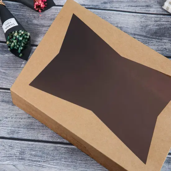 14 x10 x 3inch Brown Paperboard Lock Corner Window Bakery Cookie Boxes, Large Container with PVC Windows for Pie and Cookie Box, Pack of 12 {4}