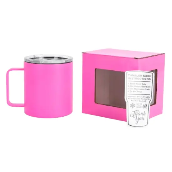 Makerflo 12 oz Powder Coated Camper Mug with Leak-Proof Clear Lid, Ideal for Craft and Personalization (Laser Engraving, UV DTF, Epoxy, and Vinyl) Pink {1}