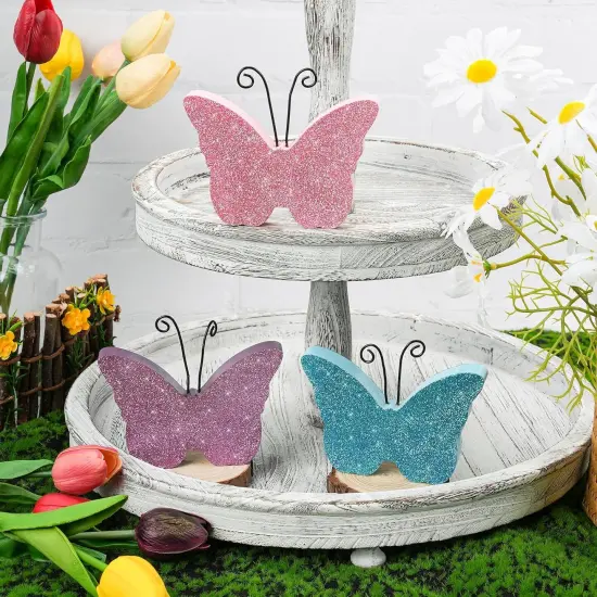 Butterfly Spring Decorations for Home, Wooden Butterflies Blocks Tiered Tray Decoration Set, Pink Blue Spring Table Top Decor for Office Party Shelf Door (Glitter 3PCS) {3}