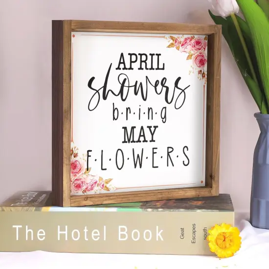 Spring Decorations For Home, 11.8 Inch Wooden April Showers Bring May Flowers Sign Decor, Indoor Wall Table Seasonal Decorative Signage {4}
