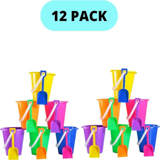4E's Novelty 12 Pack Beach Buckets with Shovels Bulk &ndash; 7" Sand Buckets & Shovels for Sand & Outdoor Play {6}