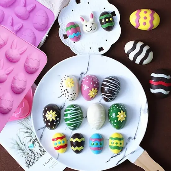 2 Pack Bunny & Egg Silicone Molds Easter Day Cake Pan Silicone Molds for Baking Cupcake Muffin Making Chocolate Candy Ice Cube Jello Jelly Soap Wax Crayon Melt（Pink and Purple） {5}