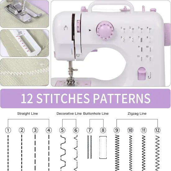 Sewing Machine for Beginners with Extension Table and Sewing Supplies Set,Portable Kids Sewing Machine with Foot Pedal,2 Speeds/12 Stitch Patterns/Tangential Barrel Seam Function/Light/Drawer {5}