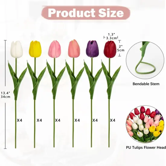 24 Pcs Artificial Tulips Flowers Mixcolor Real Touch Fake Tulips Fake Flowers {2}