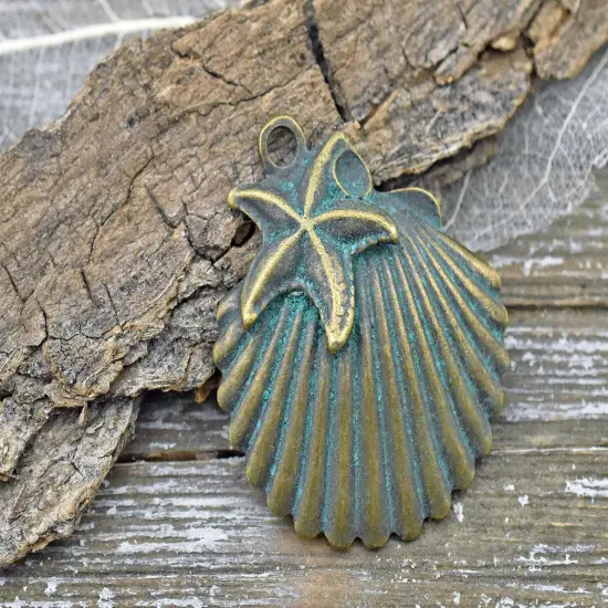 *2* 41x36mm Bronze Patina Sea Shell Starfish Pendants {2}