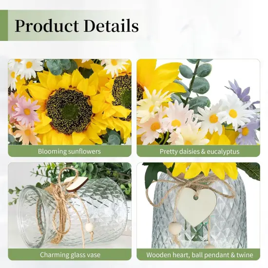 Sunflower Fake Flowers in Vase: Sunflowers Artificial Flowers with Vase for Table Centerpieces Decor - Silk Flower Bouquet Faux Arrangements Kitchen Bathroom Wedding Party Decoration {4}