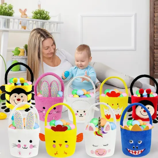 Set of 3pcs, Dia 7.9" * H 15.7", Plush Chick&Bunny&Unicorn Easter Basket Cute Easter Hunting Basket for Party Supplies Candy Gifts Storage {2}