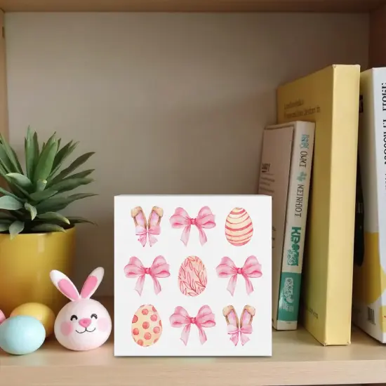 Pink Bunny Decor Easter Decorations Easter Decor Pink Bow Decor Home Farmhouse Office Bedroom Garden Decor Easter Eggs Hunt Wooden Box Block Plaque Wooden Box Sign for Desk Table Bookshelf Tabletop {4}