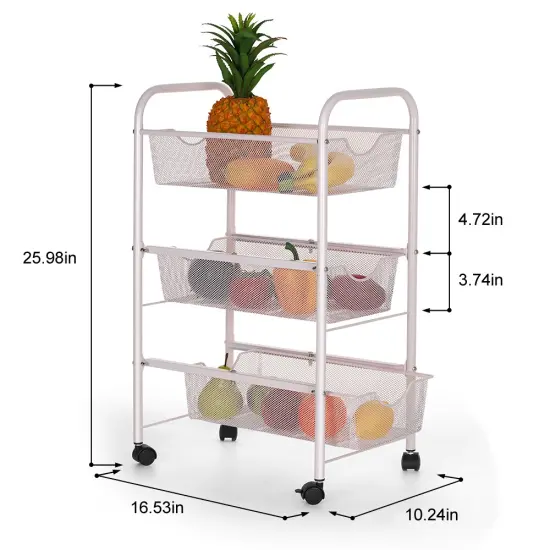 3-Tier Rolling Metal Storage Basket Cart – Mesh Utility Organizer with Wheels, Kitchen & Pantry Fruit Vegetable Rack, Bathroom & Office Storage {2}