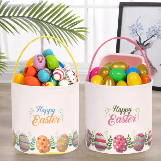 Easter Bunny Basket Egg Buckets Gifts Tote Bags, Canvas Cotton Pink Cute Personalized Egg Hunt Basket Stuffers for Easter Party {2}