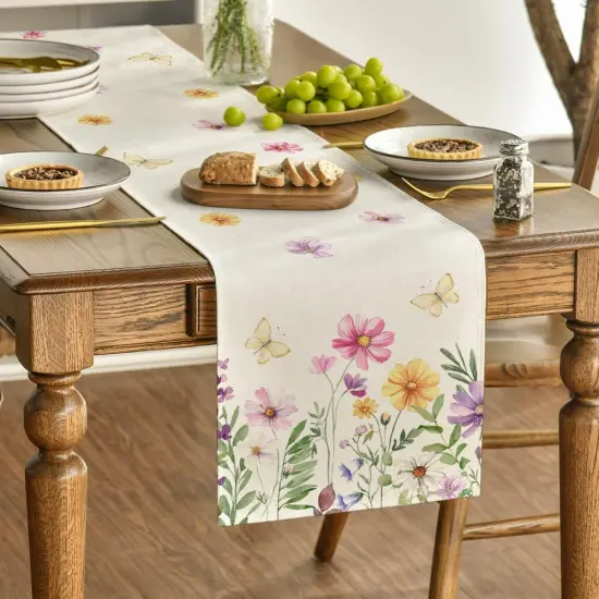 Flowers Butterfly Spring Table Runner, Seasonal Summer Kitchen Dining Table Decoration for Home Party Decor 13x72 Inch {3}