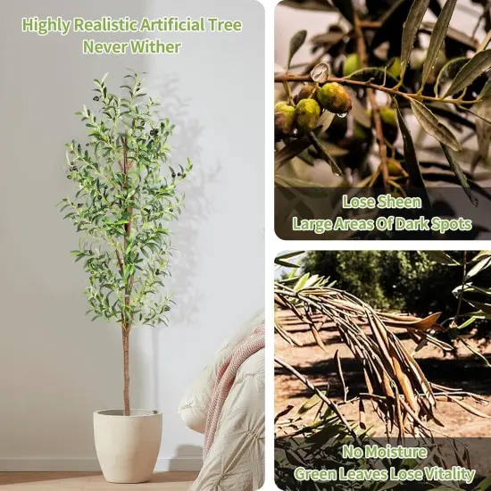 Artificial Olive Tree, 6FT Tall Faux Olive Trees 72in Outdoor Fake Potted Silk Plant with Trunk and Realistic 648 Leaves and 24 Fruits for Modern Office Home Decor Indoor（1pack） {3}