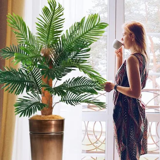 6FT Artificial Palm Tree with Galvanized Steel Bronze Tall Planter, Realistic Fake Silk Faux Tropical Areca Plants {4}