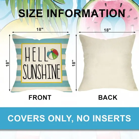 Hello Sunshine Pool Decorative Throw Pillow Covers 18x18 Set of 4, Happy Summer Duck Watermelon Swimming Ring Cushion Case Decor, Blue Stripes Flip Flops Seasonal Home Decoration for Sofa Couch {2}