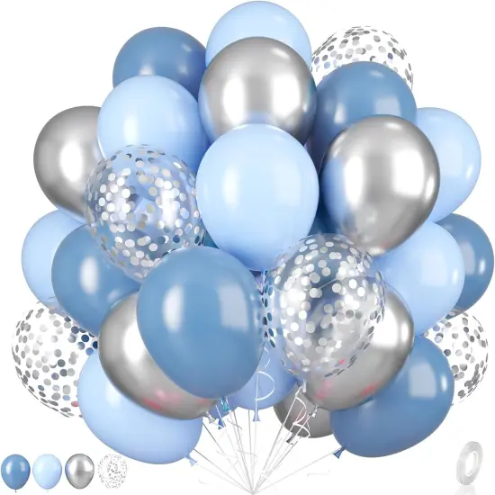Dusty Blue Silver Balloons, 55Pcs Retro Blue Party Balloons 12 Inch Pastel Blue Latex Balloons Metallic Silver Helium Balloons Silver Confetti Balloons for Kids Birthday Party Baby Shower Wedding {1}