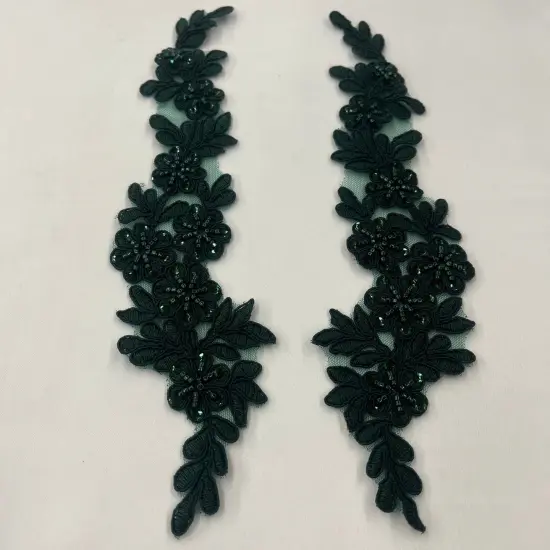 1 Pair 9.5" x 2" Each Side Beaded & Corded Floral Lace Applique Embroidered on 100% Polyester Net Mesh Hunter Green {1}