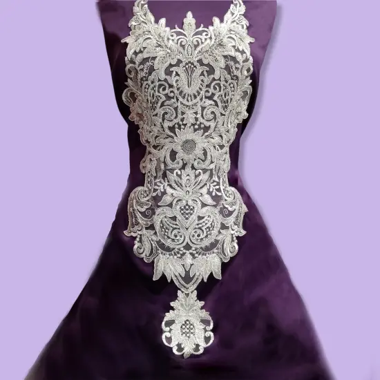 Beaded & Corded Lace Medallion Applique on 100% Polyester Mesh 25" X 10.5" Each White Color {2}