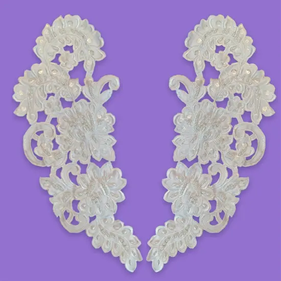 1 Pair 15" x 6" Each Side Beaded Lace Applique with Pearls & Sequins on Satin Off White Color {1}