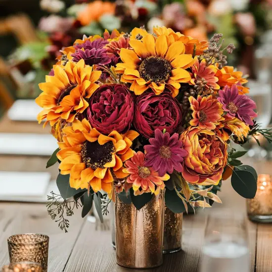 3Pcs Artificial Fall Flowers Faux Mums Sunflower {4}