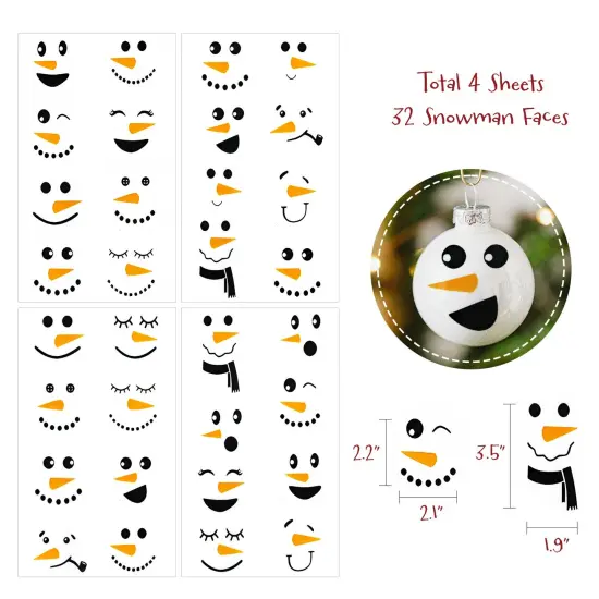 Wrapables Snowman Face Stickers for Crafts, Christmas Decoration for Windows, Refrigerators, Water Bottles, Cups (Set of 32), Classic {2}