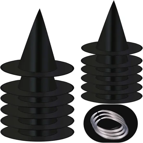 12 Pcs Halloween Black Witch Hats with Hanging Rope {1}