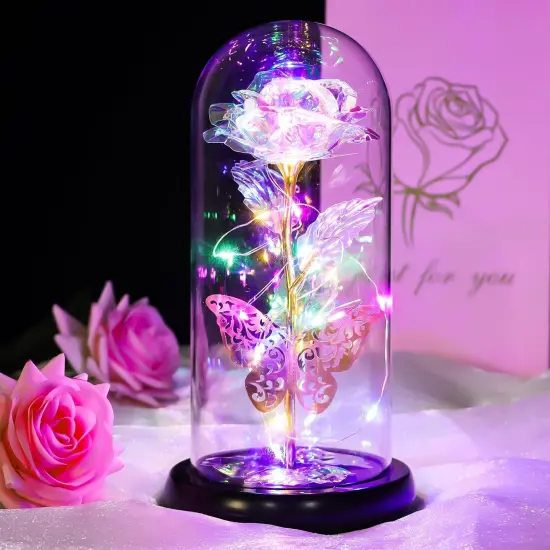 Light Up Rose in A Glass with Butterfly Birthday Gift for Woman Mothers Day Flowers Gift for Mom Rose Flower Gift for Her Anniversary Gift Preserved Flowers {1}