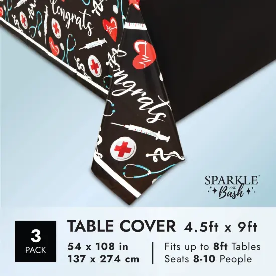 2024 Nurse Graduation Party Supplies, Congrats Table Covers (54 x 108 In, 3 Pack) Black {3}