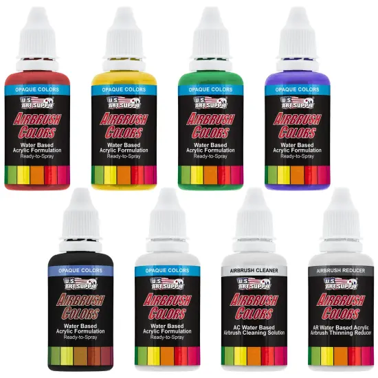 6 Color Starter Acrylic Airbrush Paint Set; Primary Opaque Colors plus Reducer & Cleaner, 1 oz. Bottles {1}