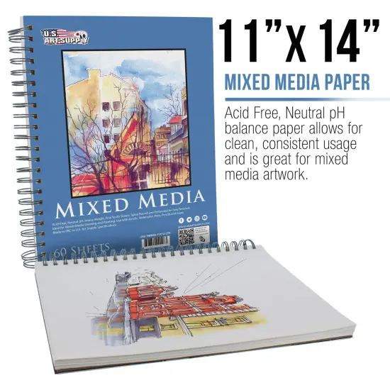 11"x14" Mixed Media Sketchbook, 2 Pack (60 Sheets), 98 lb (160 gsm) - Spiral-Bound Pad with Perforated Acid-Free Paper - Artist Sketch Book For Drawing, Painting, Watercolor {2}